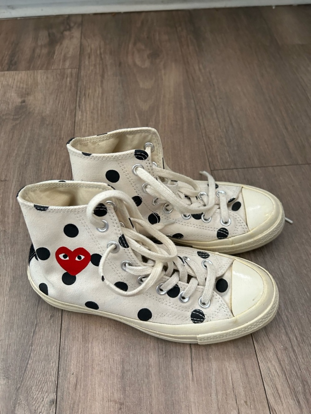 Comme des Garçons PLAY Cream Canvas Polka Dot High-Top Sneakers with Red Heart